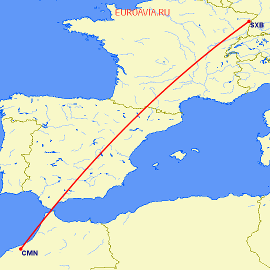 перелет Страсбург — Касабланка на карте