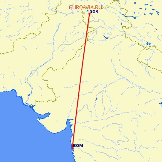 перелет Сринагар — Бомбей на карте