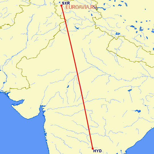 перелет Сринагар — Хидерабад на карте