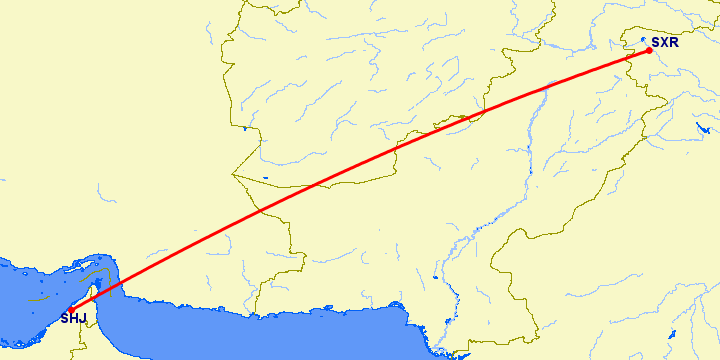 перелет Сринагар — Шарджа на карте