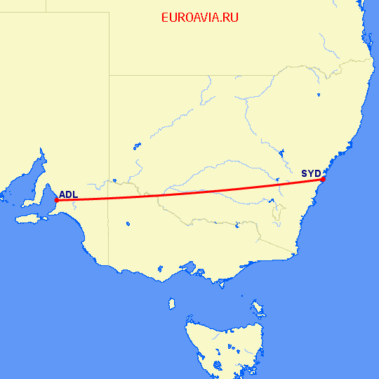 перелет Сидней — Аделаида на карте