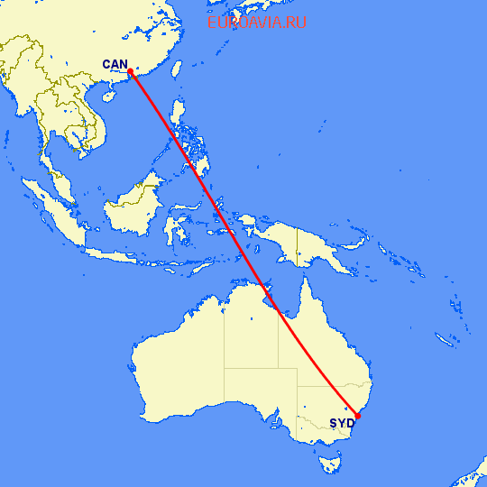 перелет Сидней — Гуанчжоу на карте