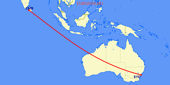 перелет Сидней — Коломбо на карте