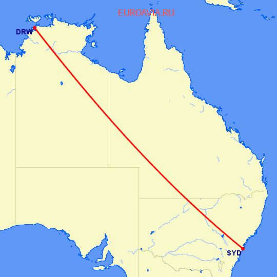 перелет Сидней — Дарвин на карте