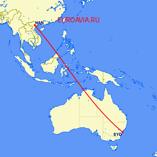 перелет Сидней — Ханой на карте