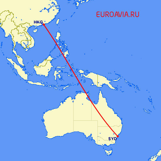 перелет Сидней — Гонконг на карте