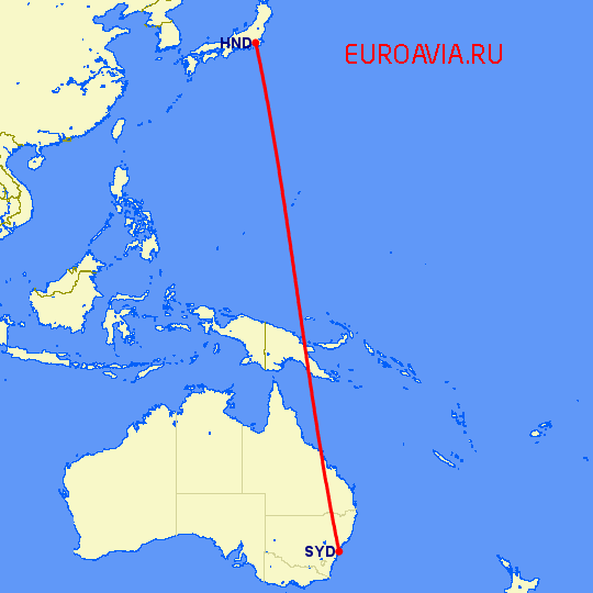 перелет Сидней — Токио на карте