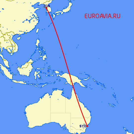 перелет Сидней — Сеул на карте