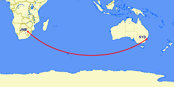 перелет Сидней — Йоханнесбург на карте