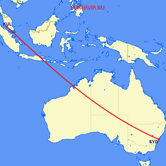 перелет Сидней — Куала Лумпур на карте