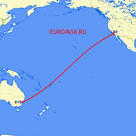 перелет Сидней — Лос Анджелес на карте