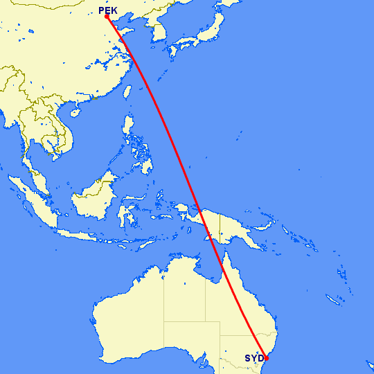 перелет Сидней — Пекин на карте