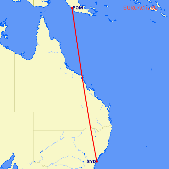 перелет Сидней — Порт Морсби на карте