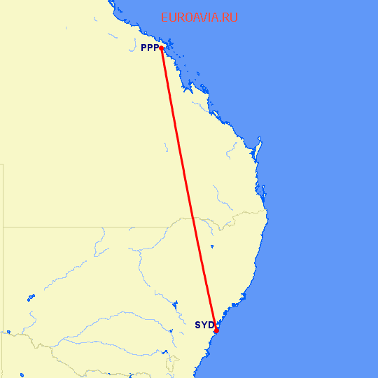 перелет Сидней — Proserpine на карте