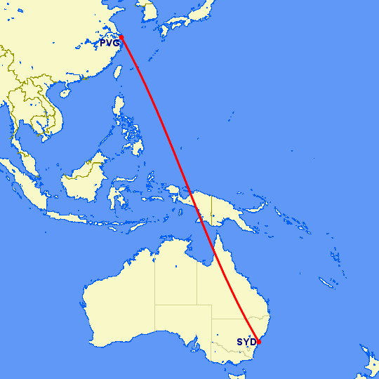 перелет Сидней — Шанхай на карте