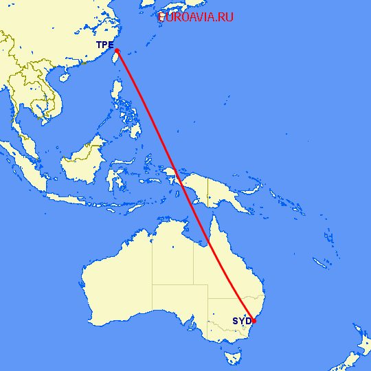 перелет Сидней — Тайбэй на карте