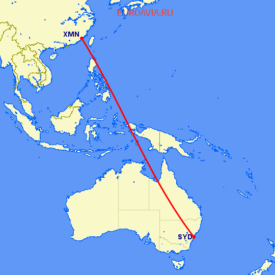 перелет Сидней — Сямэнь на карте