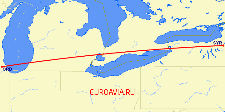 перелет Сиракьюс — Чикаго на карте