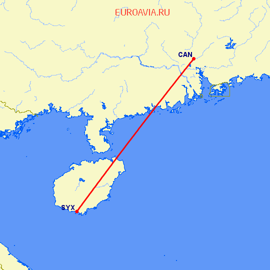 перелет Санья — Гуанчжоу на карте