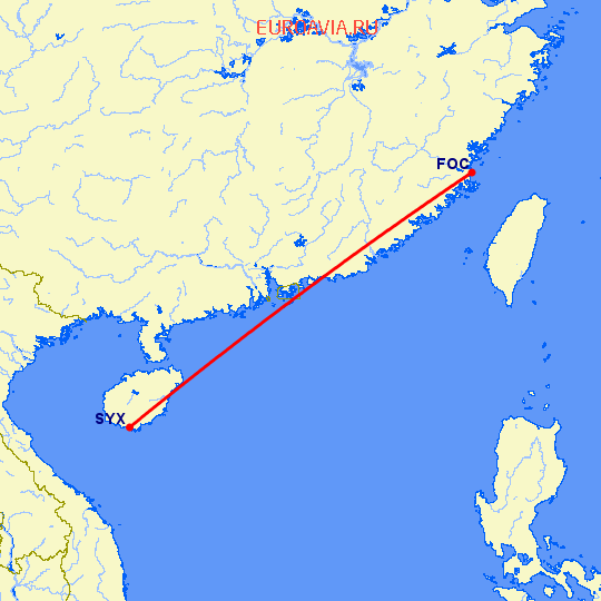 перелет Санья — Фучжоу на карте