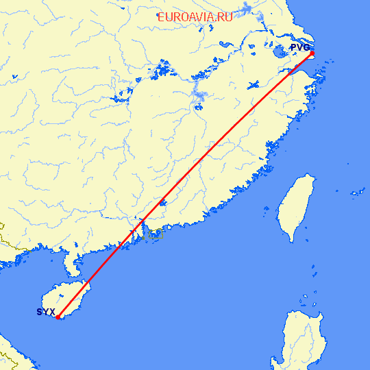 перелет Санья — Шанхай на карте