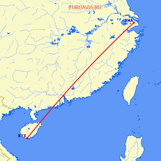 перелет Санья — Шанхай на карте