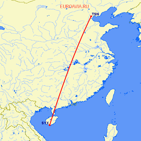 перелет Санья — Тяньцзинь на карте