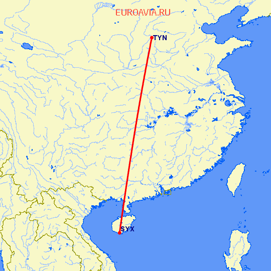 перелет Санья — Тайюань на карте