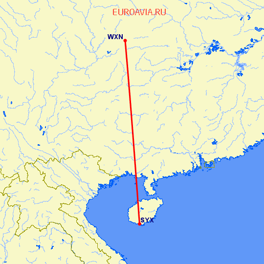 перелет Санья — Wanxian на карте