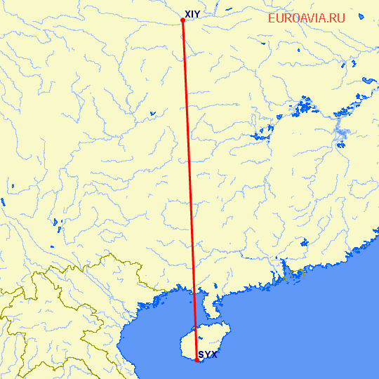 перелет Санья — Синьян на карте