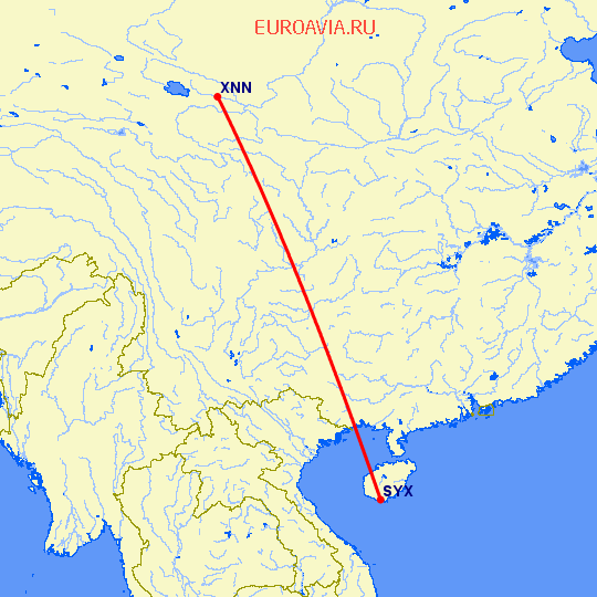 перелет Санья — Хайнин на карте