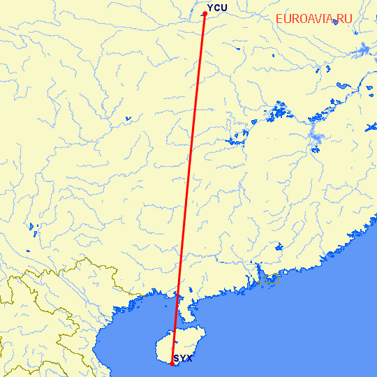 перелет Санья — Yun Cheng на карте