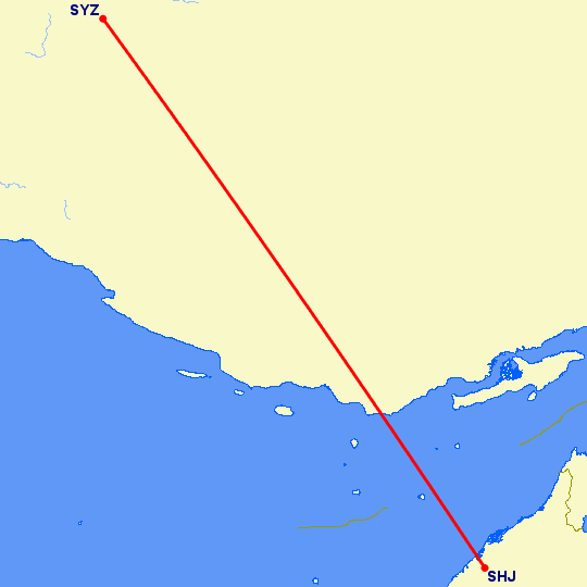перелет Шираз — Шарджа на карте