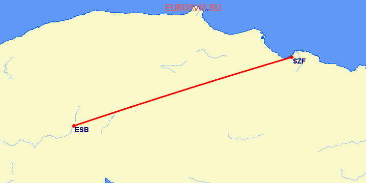 перелет Самсун — Анкара на карте