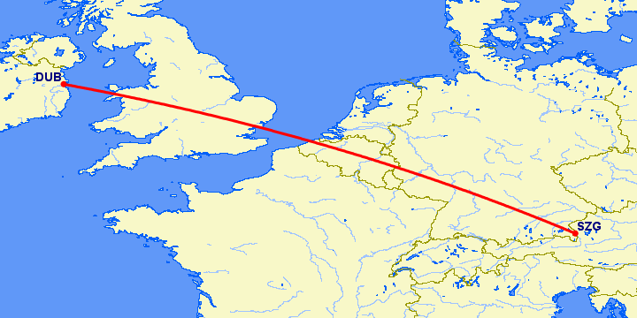 перелет Зальцбург — Дублин на карте