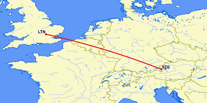 перелет Зальцбург — Luton на карте