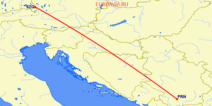 перелет Зальцбург — Приштина на карте
