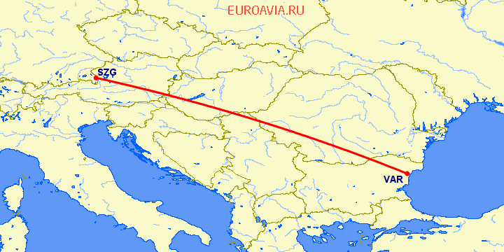перелет Зальцбург — Варна на карте
