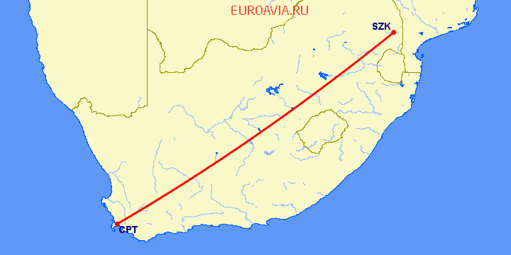 перелет Скукуза — Кейптаун на карте