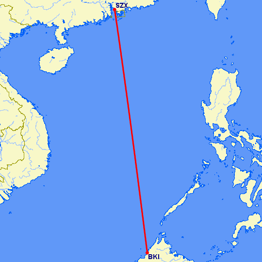 перелет Шэньчжэнь — Kota-Kinabalu на карте