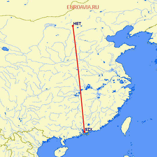 перелет Шэньчжэнь — Хоххот на карте