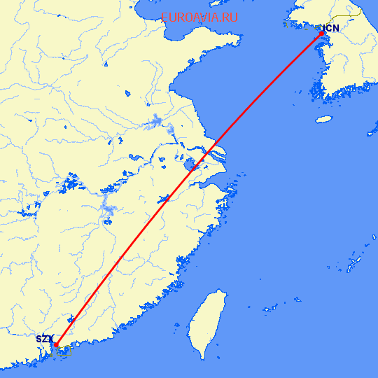 перелет Шэньчжэнь — Сеул на карте