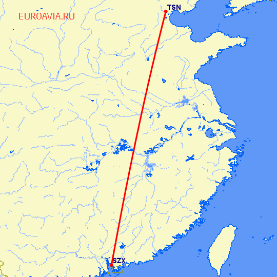 перелет Шэньчжэнь — Тяньцзинь на карте