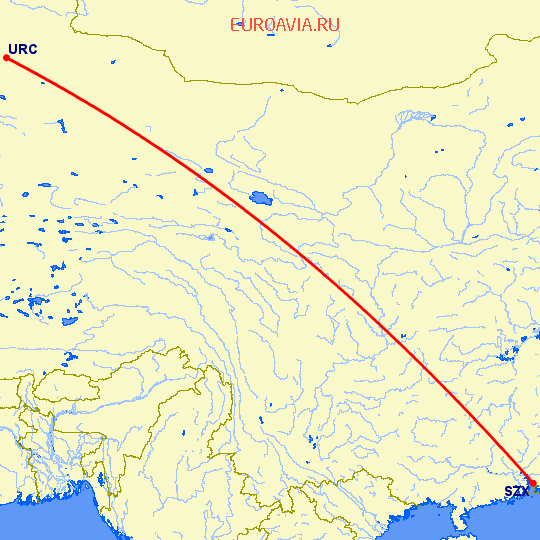 перелет Шэньчжэнь — Урумги на карте