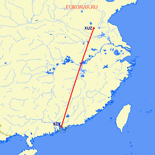 перелет Шэньчжэнь — Хучжоу на карте