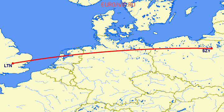 перелет Szymany — Luton на карте