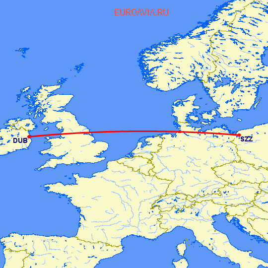 перелет Щецин — Дублин на карте