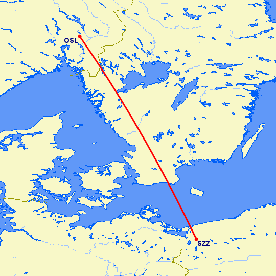 перелет Щецин — Осло на карте