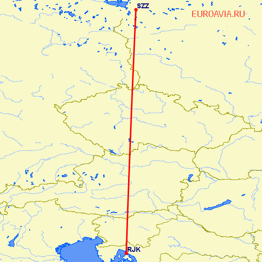 перелет Щецин — Риека на карте