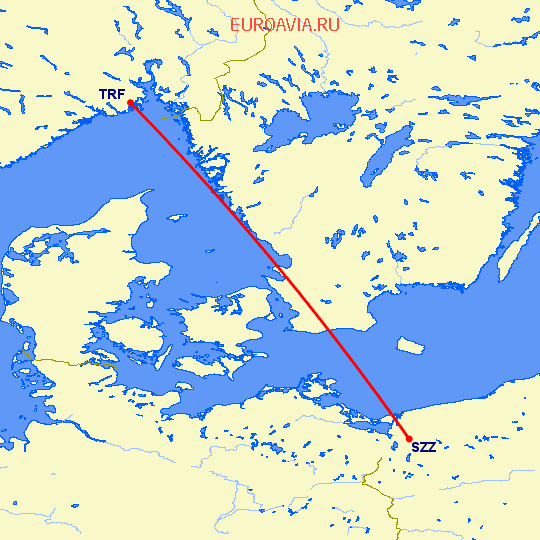 перелет Щецин — Осло Торп на карте